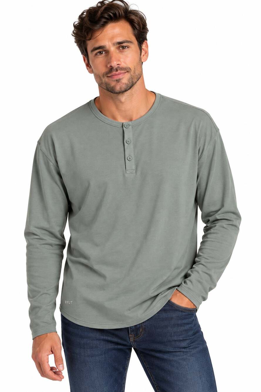 BYLT Premium Basics Men's L Sage Green Long Sleeve Drop Cut Henley Shirt NWT